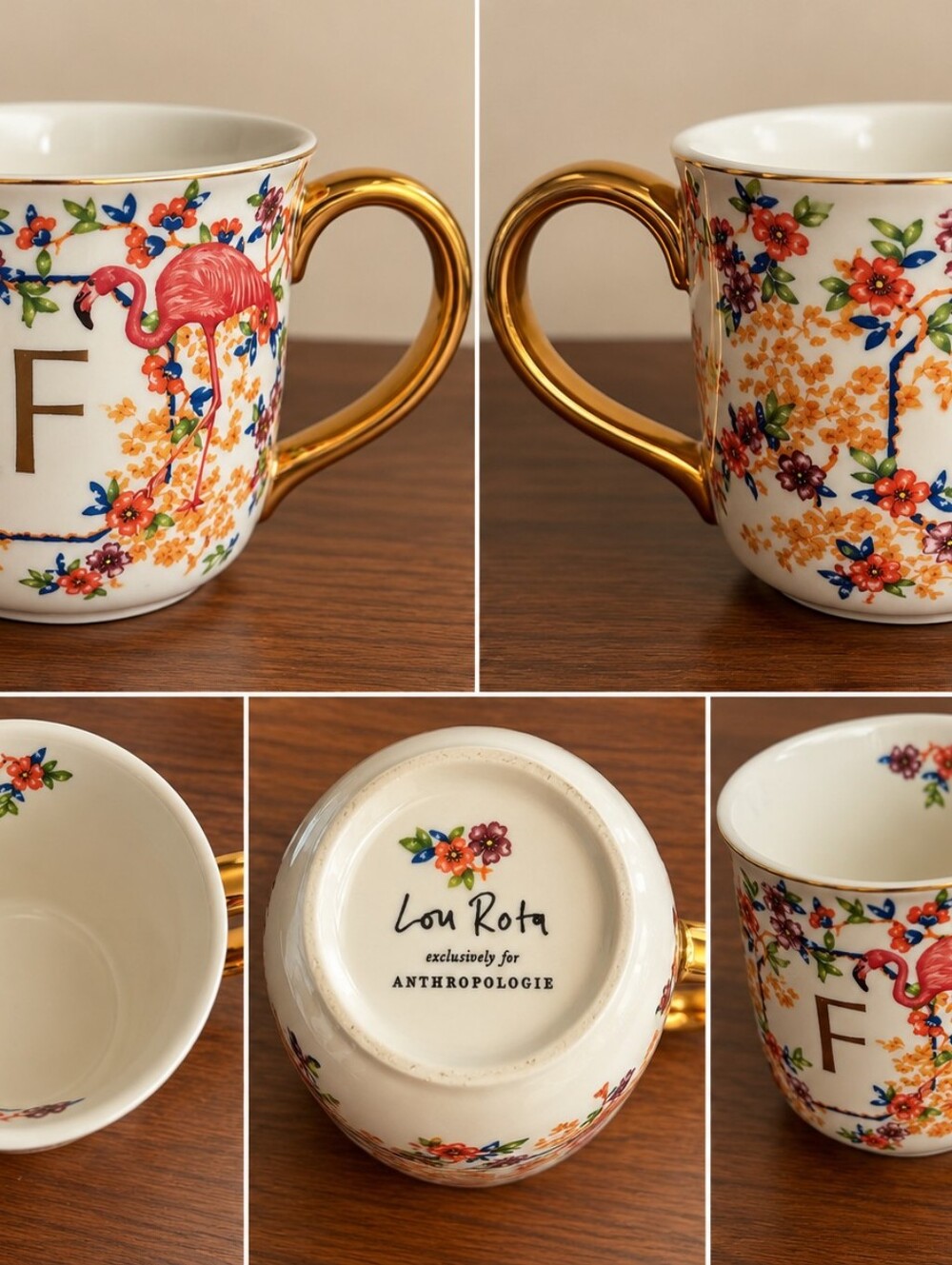 Anthropologie Lou Rota Nature Table Monogram F Flamingo Mug Gold HandleBeautifu